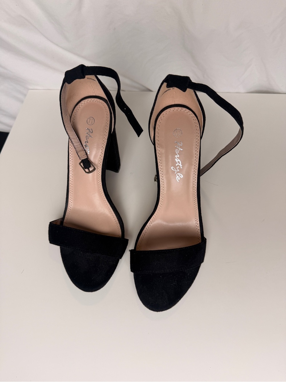 Heritage Black Suede Ankle-Strap Block Heels size 7.5